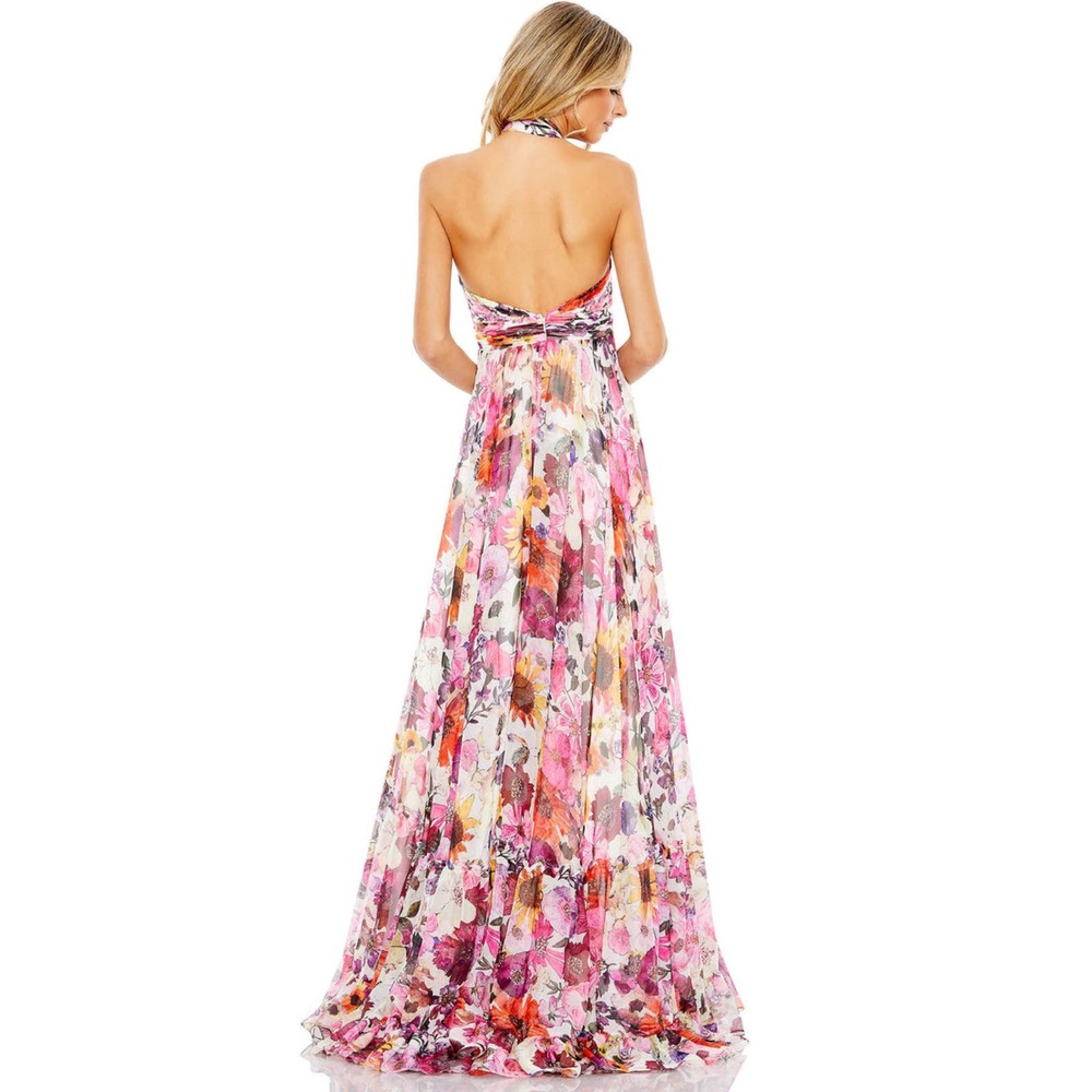 Sold. Mac Duggal NEW Asymmetrical Ruffled Halter Floral Chiffon Gown Size 10 - Picture 10 of 16